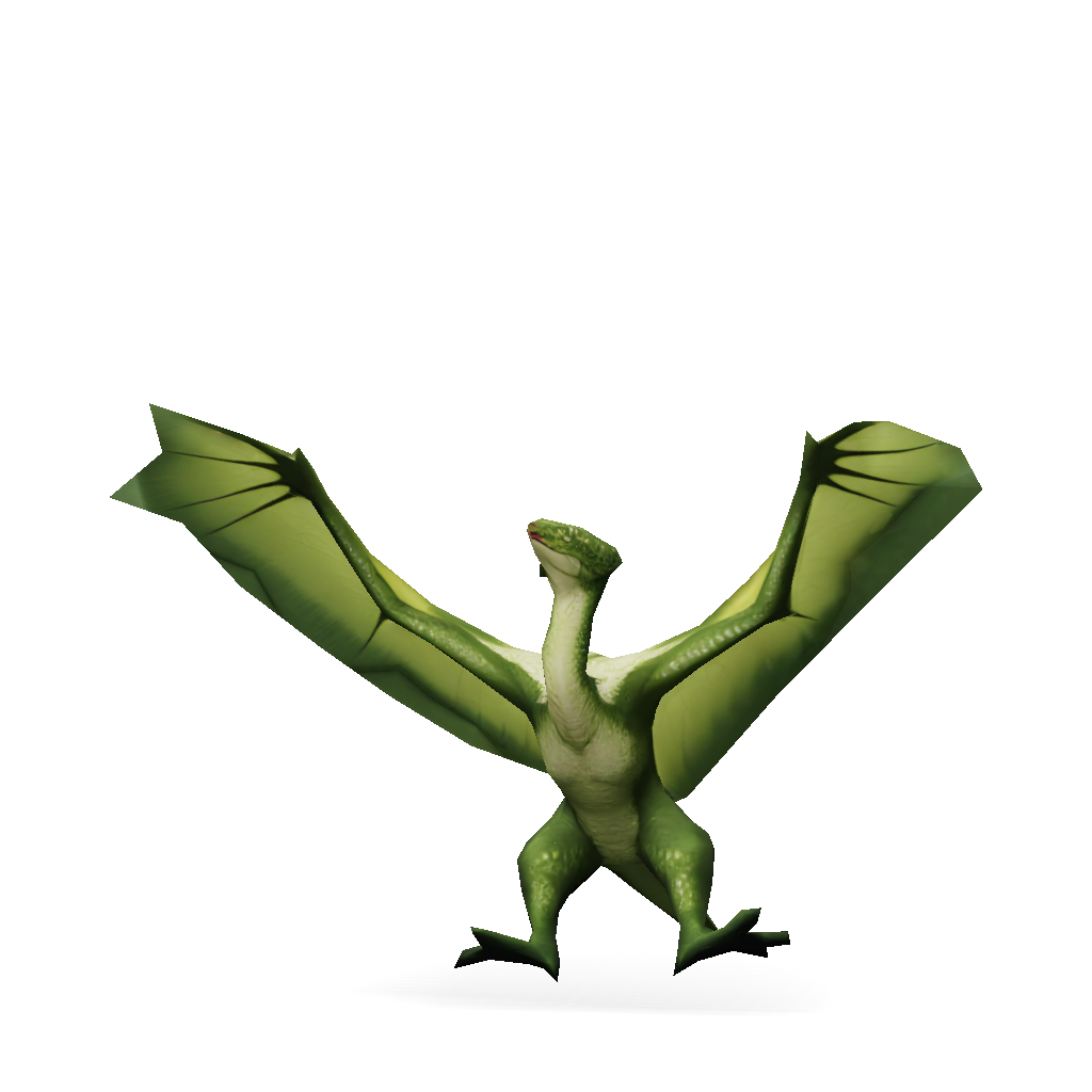 3D Model: green flying dragon with large wings soaring over rolling hills