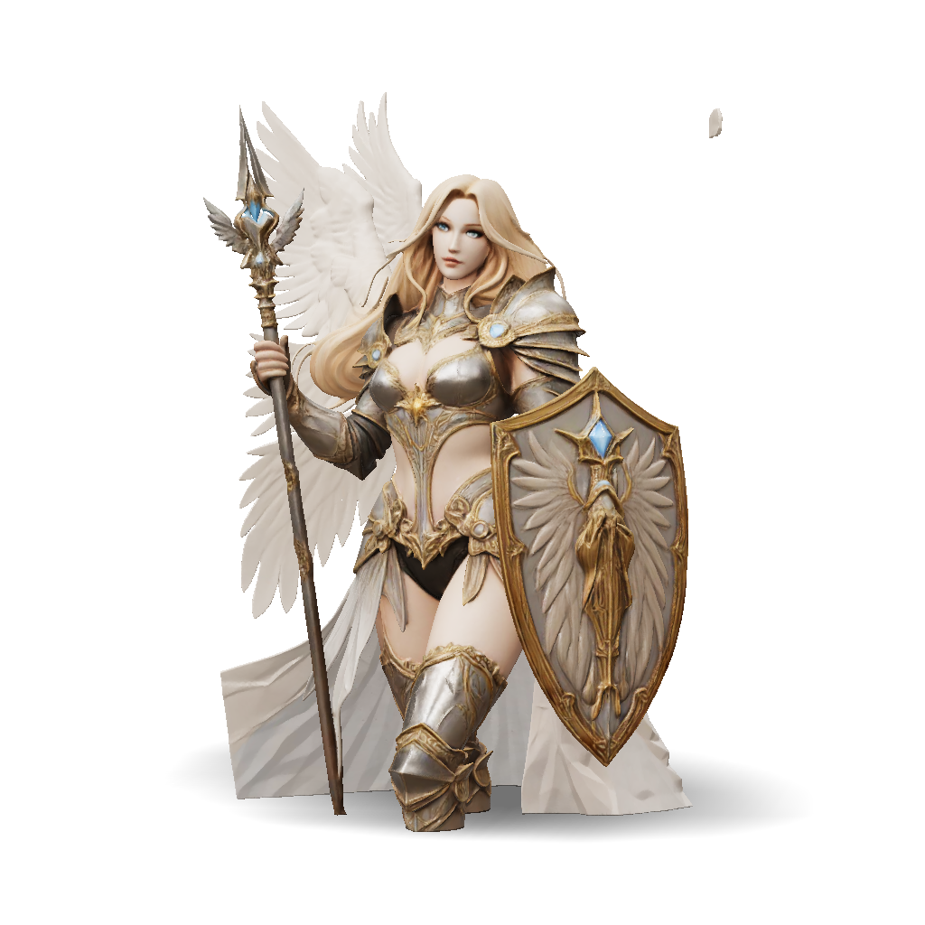 3D Model: Angelic warrior in ornate gold armor wielding spear and ...