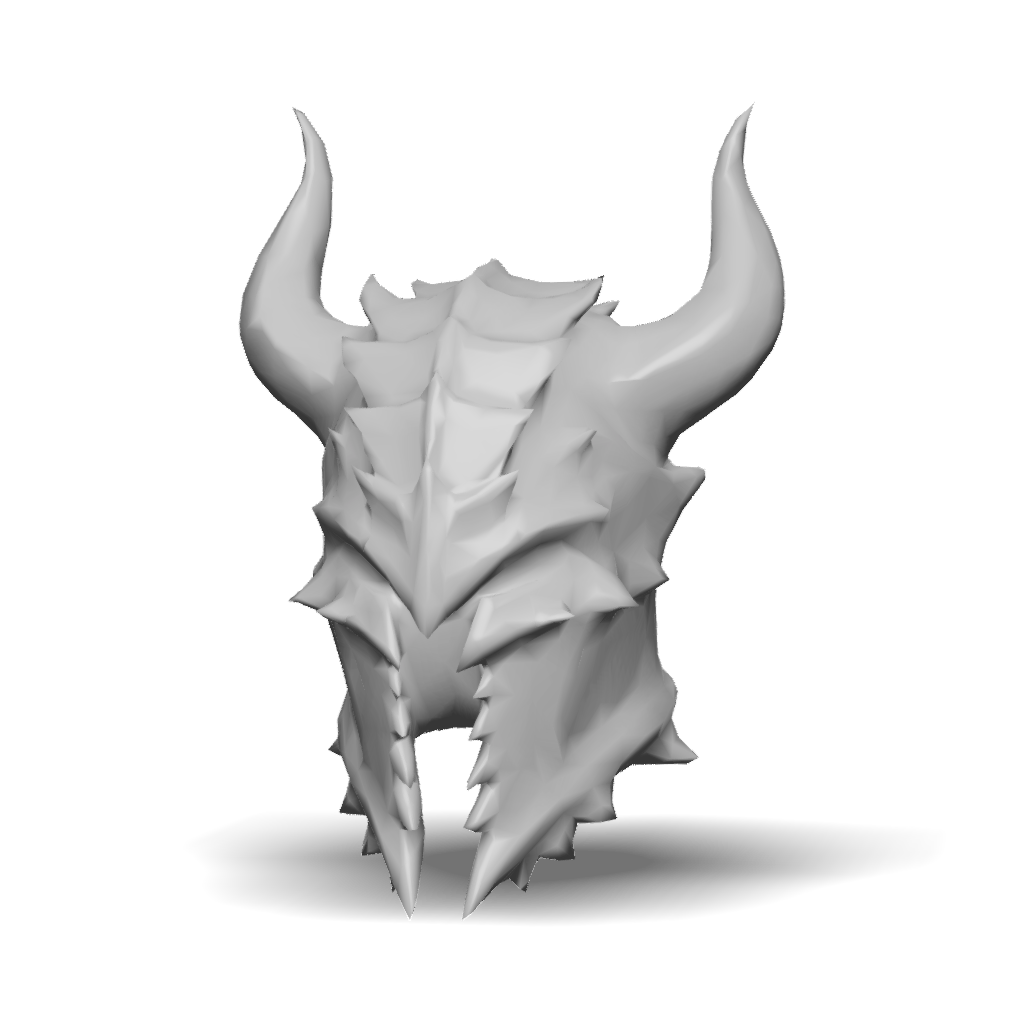 3D Model: horned dark metal helmet with layered plates and curved horns