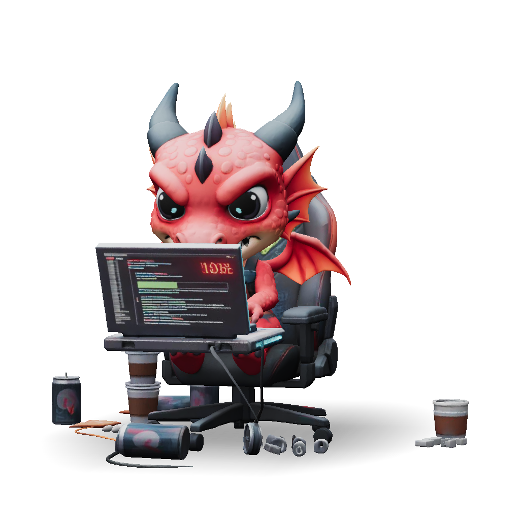 Chibi Animals Using Computer 3D Model: A chibi wyvern ferociously typing at a laptop embodying the ...