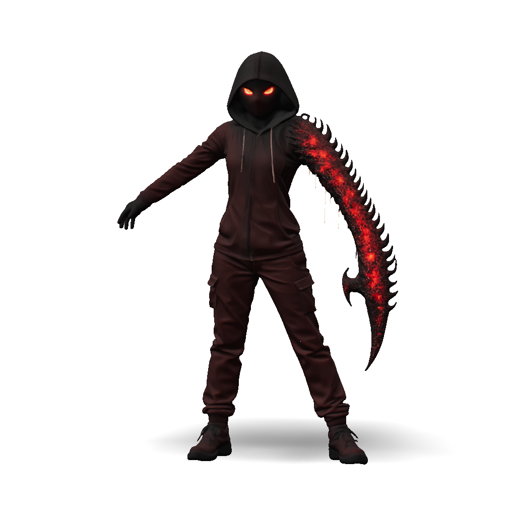 3D Model: hooded figure with glowing eyes and large serrated dark red ...