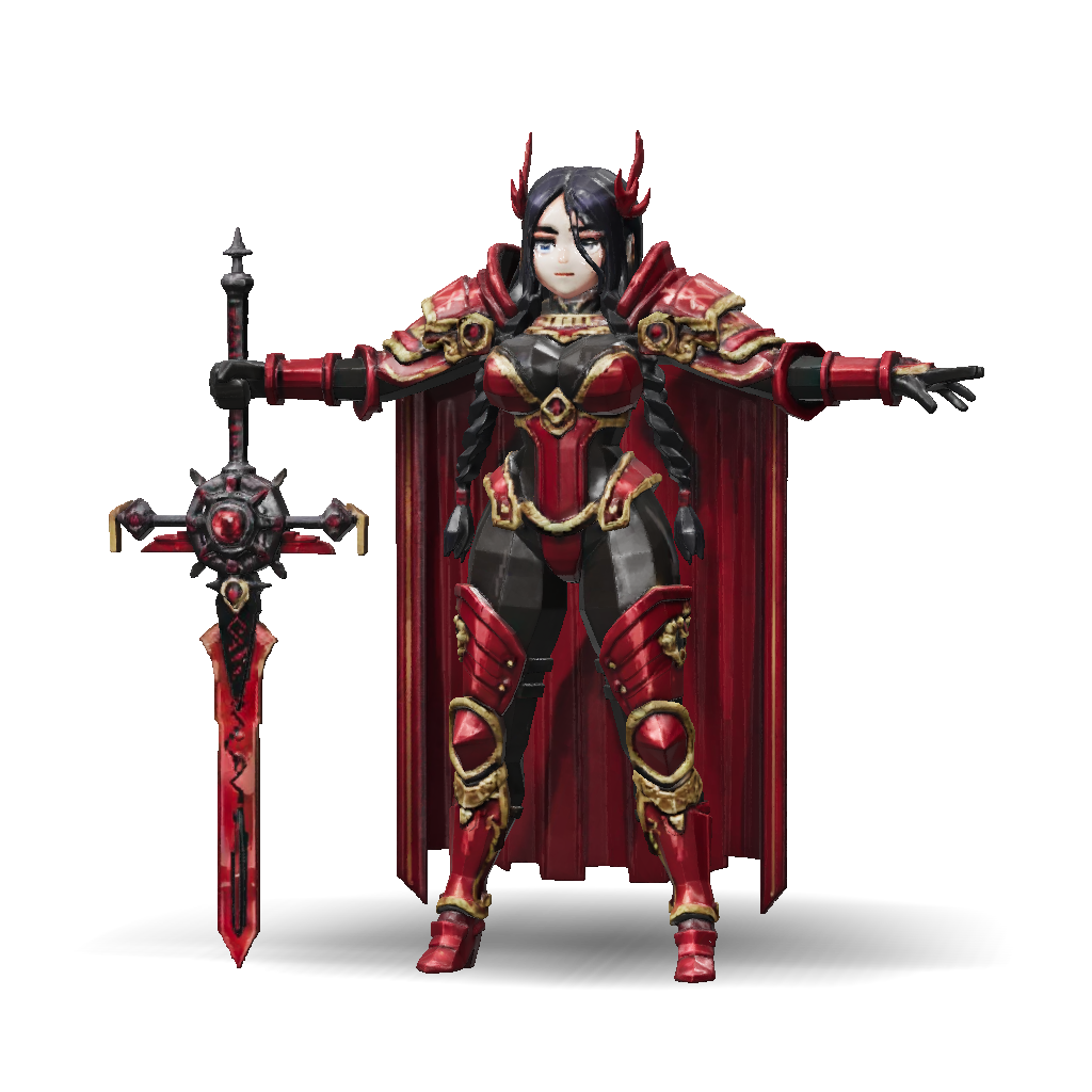 3D Model: red and gold armored knight with cape and large sword pixel art