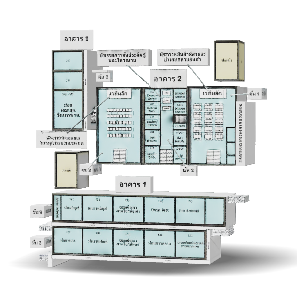 3D Model: multilevel architectural floor plan with labeled rooms and ...