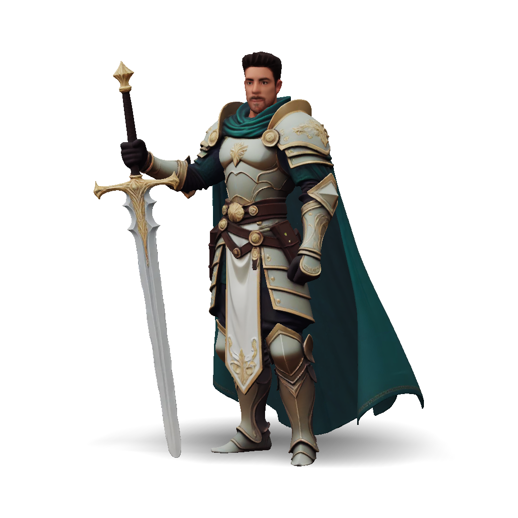 3D Model: ornate armored knight with teal cape and long sword gold trim ...