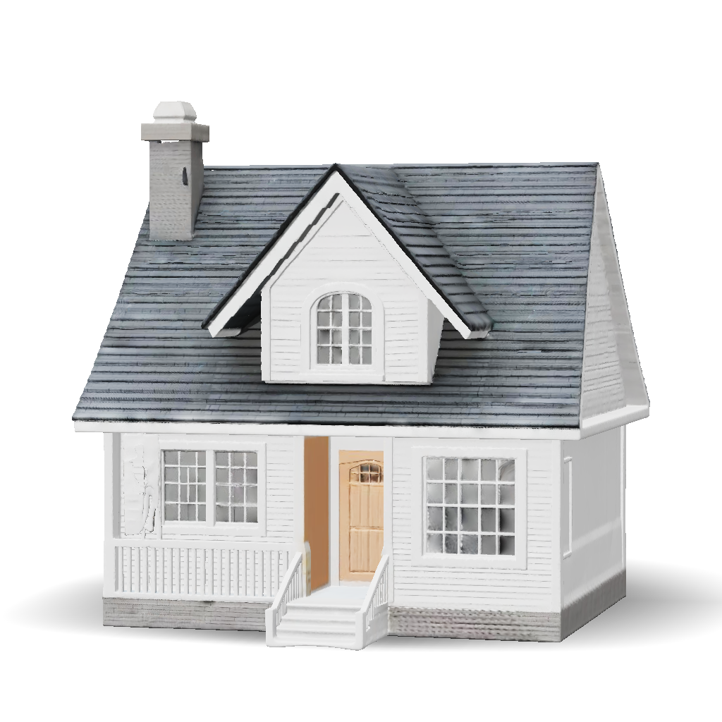 3D Model: white two story house with dormer window and front porch