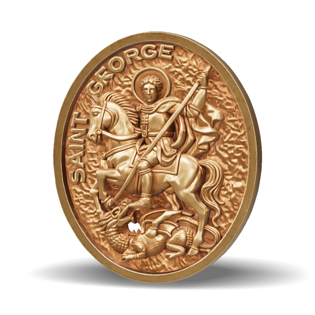 St. George Coin Back 3D Model: Saint George coin with horse and dragon in copper relief