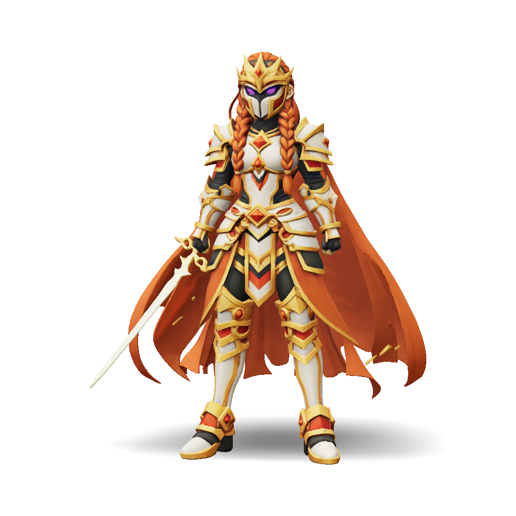 3D Model: Ornate Gold Armor Knight With Orange Cape And Glowing Sword