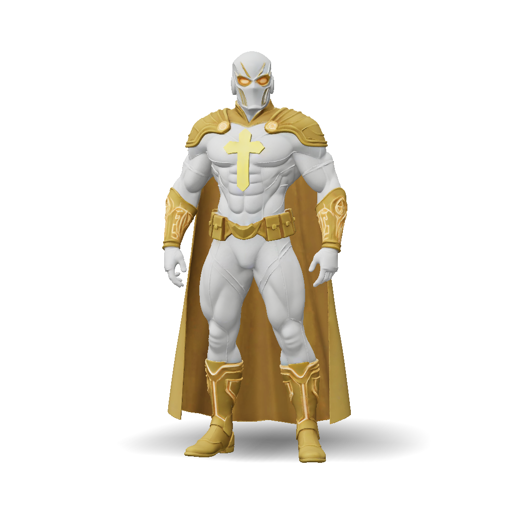 3D Model: white armored knight with gold accents cape and cross emblem ...