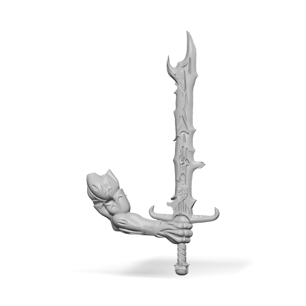 3D Model: ornate fantasy sword held by sculpted arm red orange blade ...