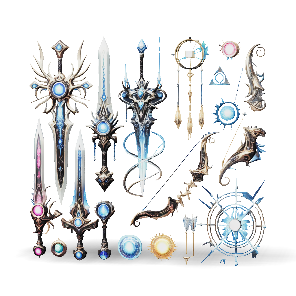 3D Model: ornate fantasy swords and magical weapons with glowing blue ...