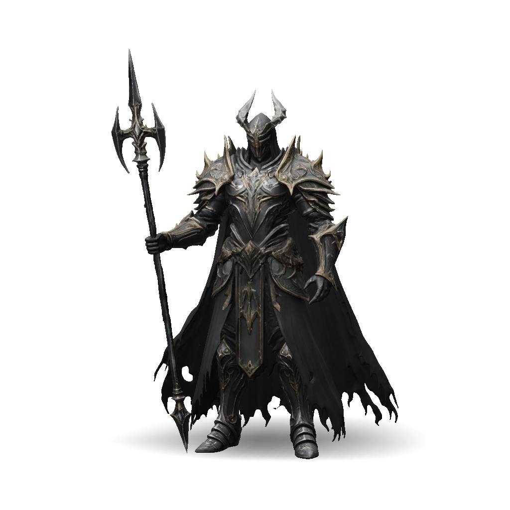 3D Model: ornate dark fantasy knight in horned helm with battle scarred ...