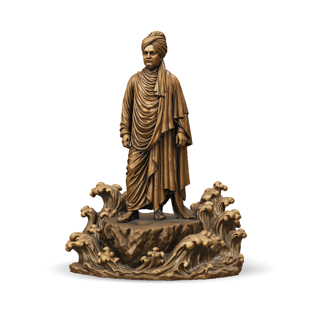 3D Model: bronze statue standing on rocky pedestal with wave shaped base