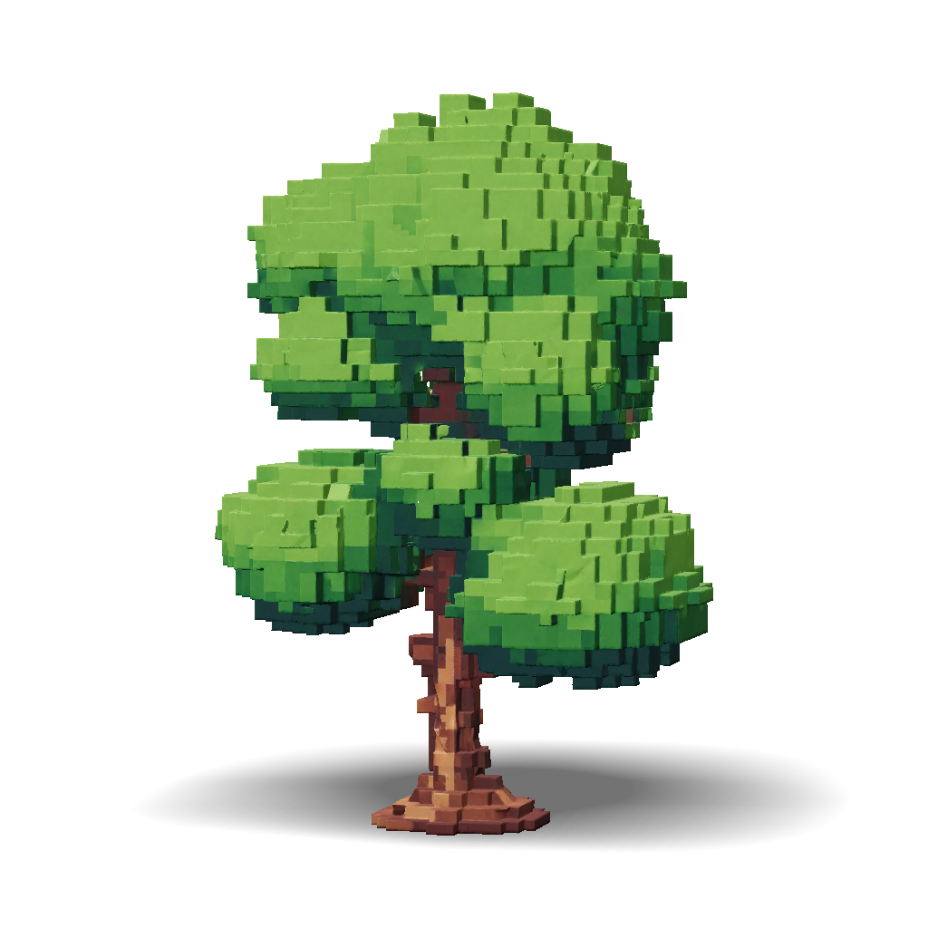 3D Model: pixel art tree with dense green foliage and brown trunk
