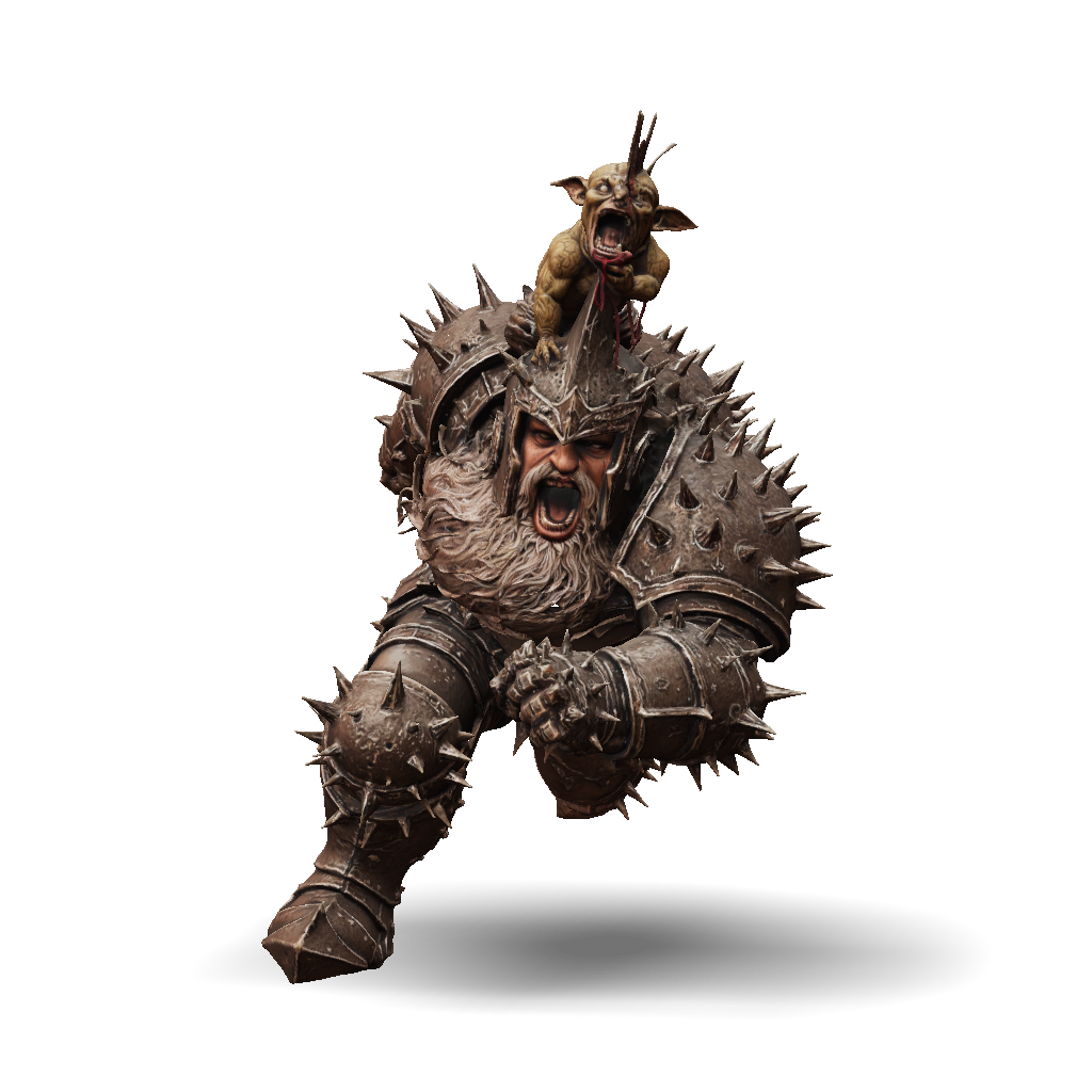 3D Model: spiked demon warrior in heavy armor with fiery backdrop