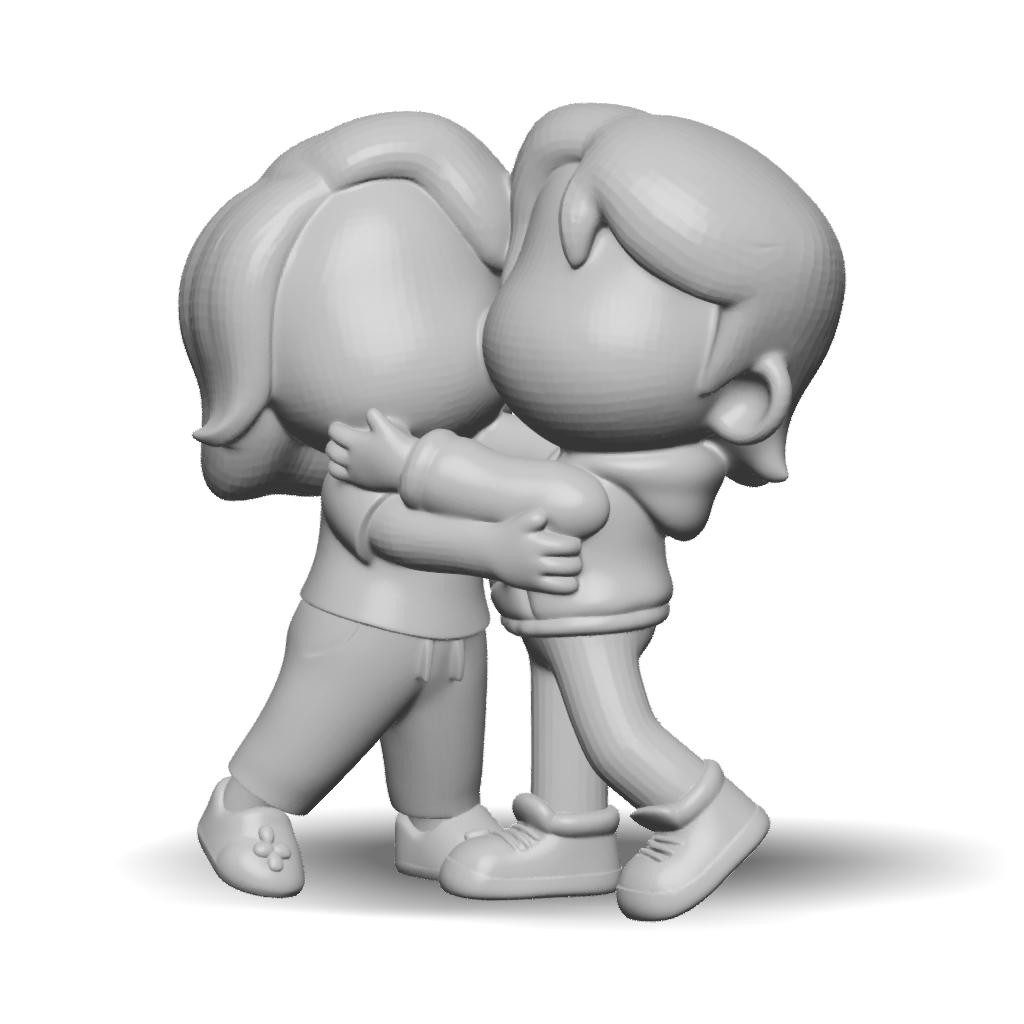 3D Model: two stylized characters hugging brown hair yellow and blue ...