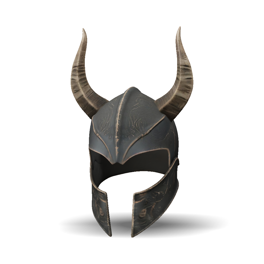 3D Model: horned metal helmet with etched pattern and curved horns