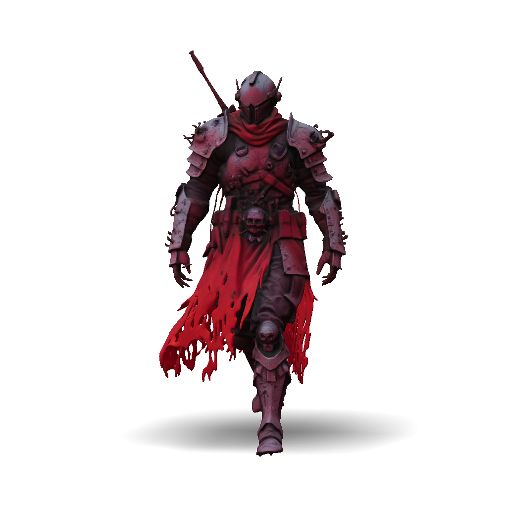 3D Model: fiery armored knight standing amid ash and flames with skull ...