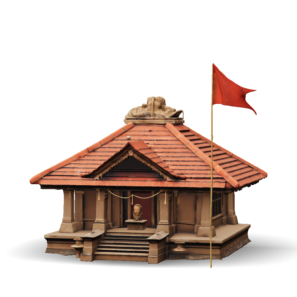 3D Model: miniature temple with red tiled roof and carved details among ...