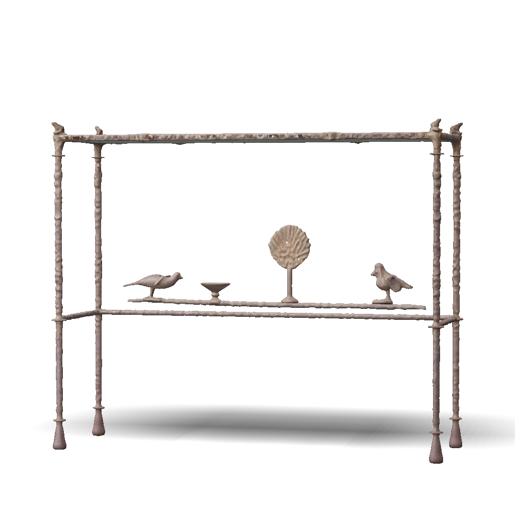 Rusty Display Rack 3D Model: rusty metal display shelf with glass top and small sculpted ...