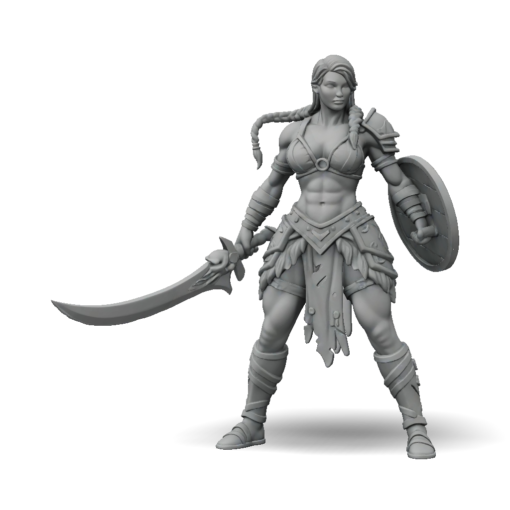 3D Model: female fantasy warrior character with curved sword and round ...