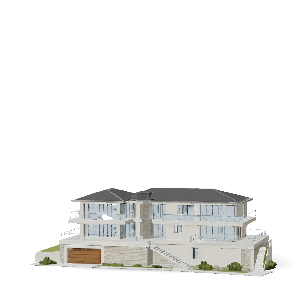 3D Model: three story modern house with stone accents large glass ...