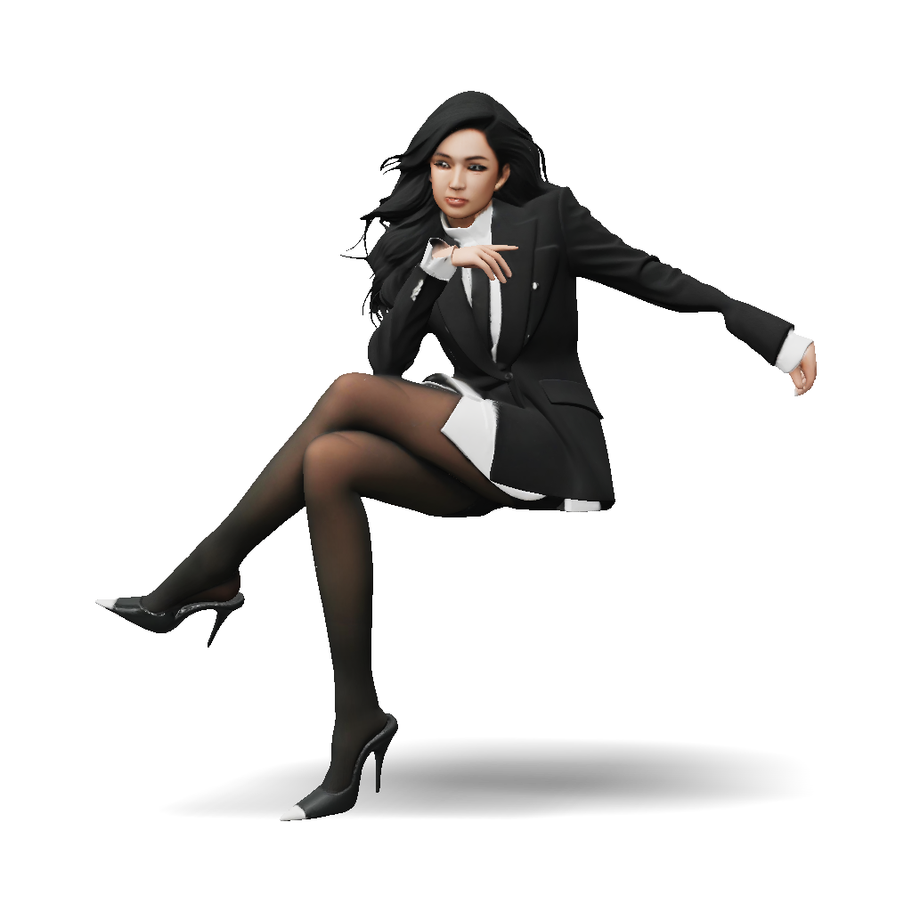3D Model: woman in black suit and heels posing on white background