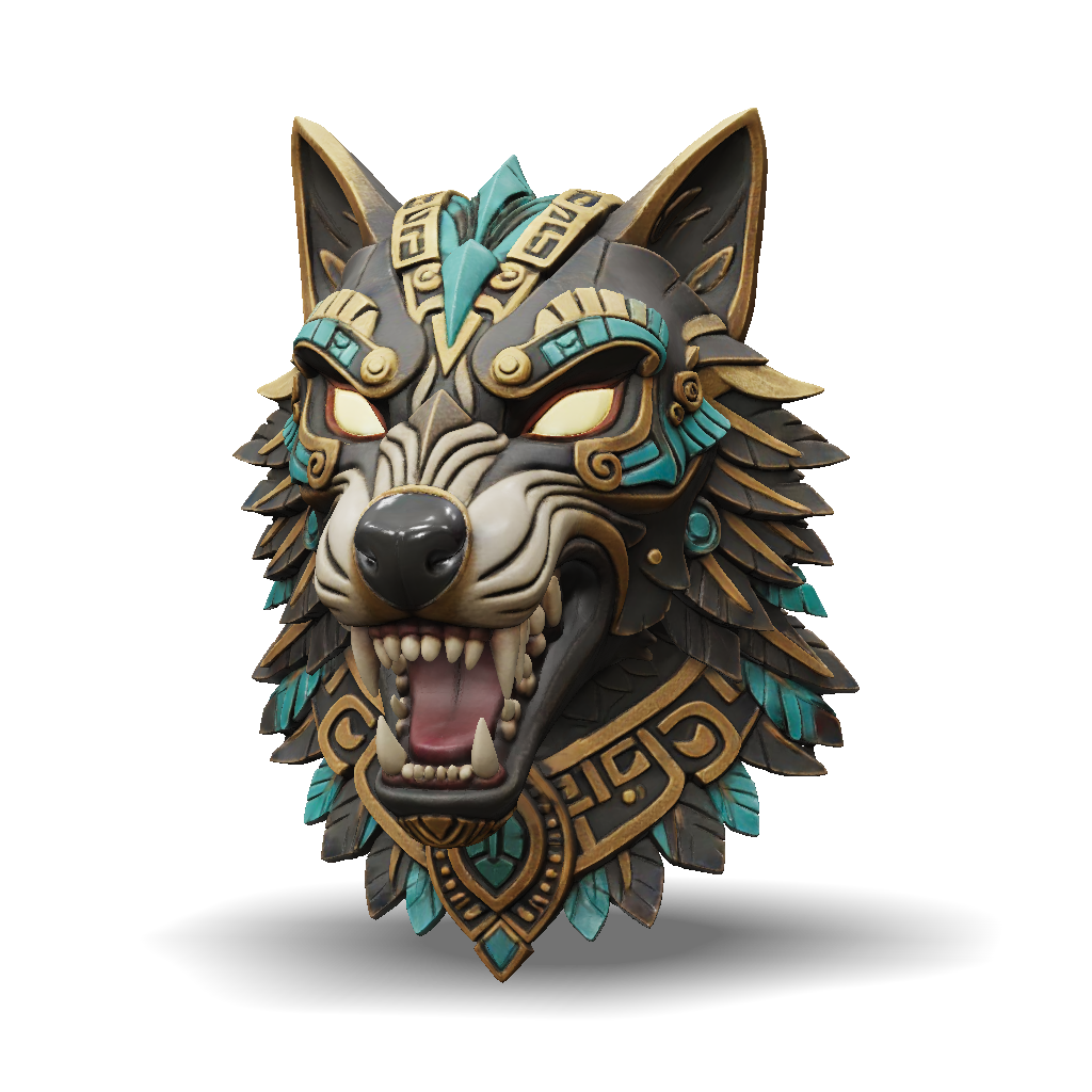 3D Model: half mask Aztec inspired vicious wolf