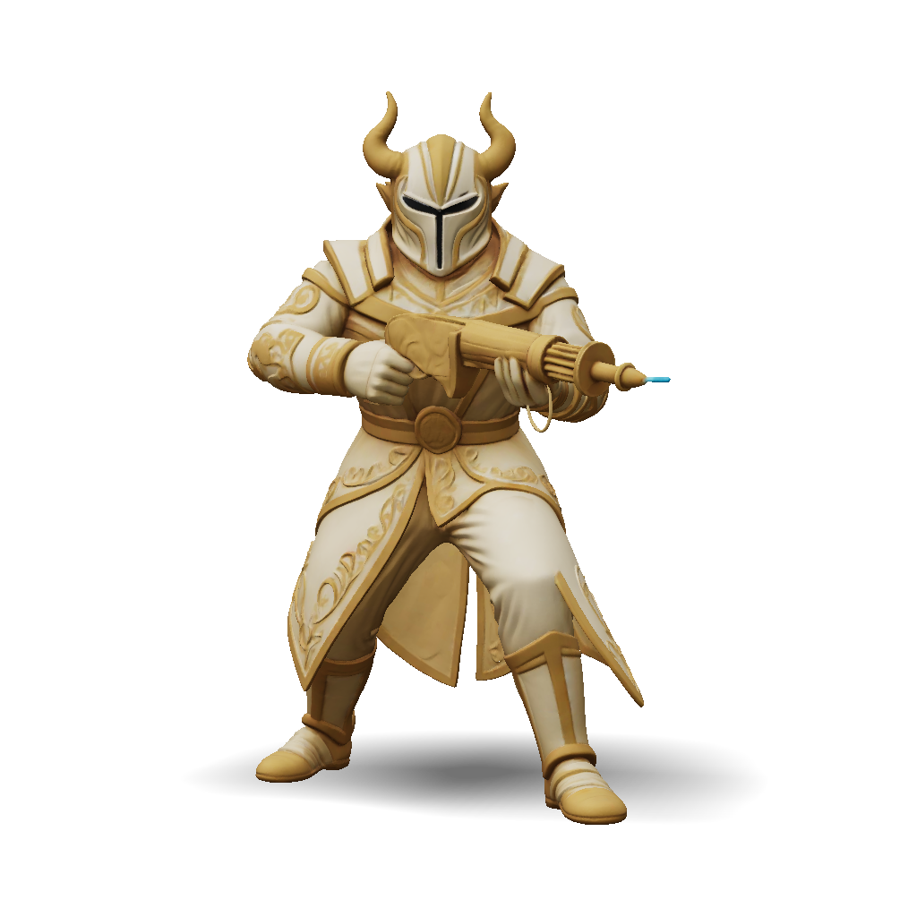 3D Model: armored knight with horned helm wielding a gun gold beige ...