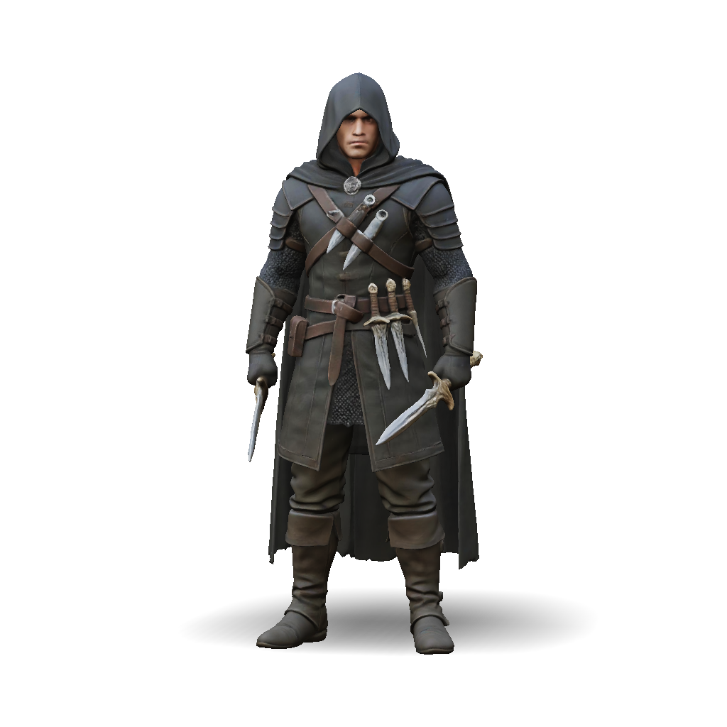 3D Model: Dark armored hooded warrior with dual daggers leather straps ...