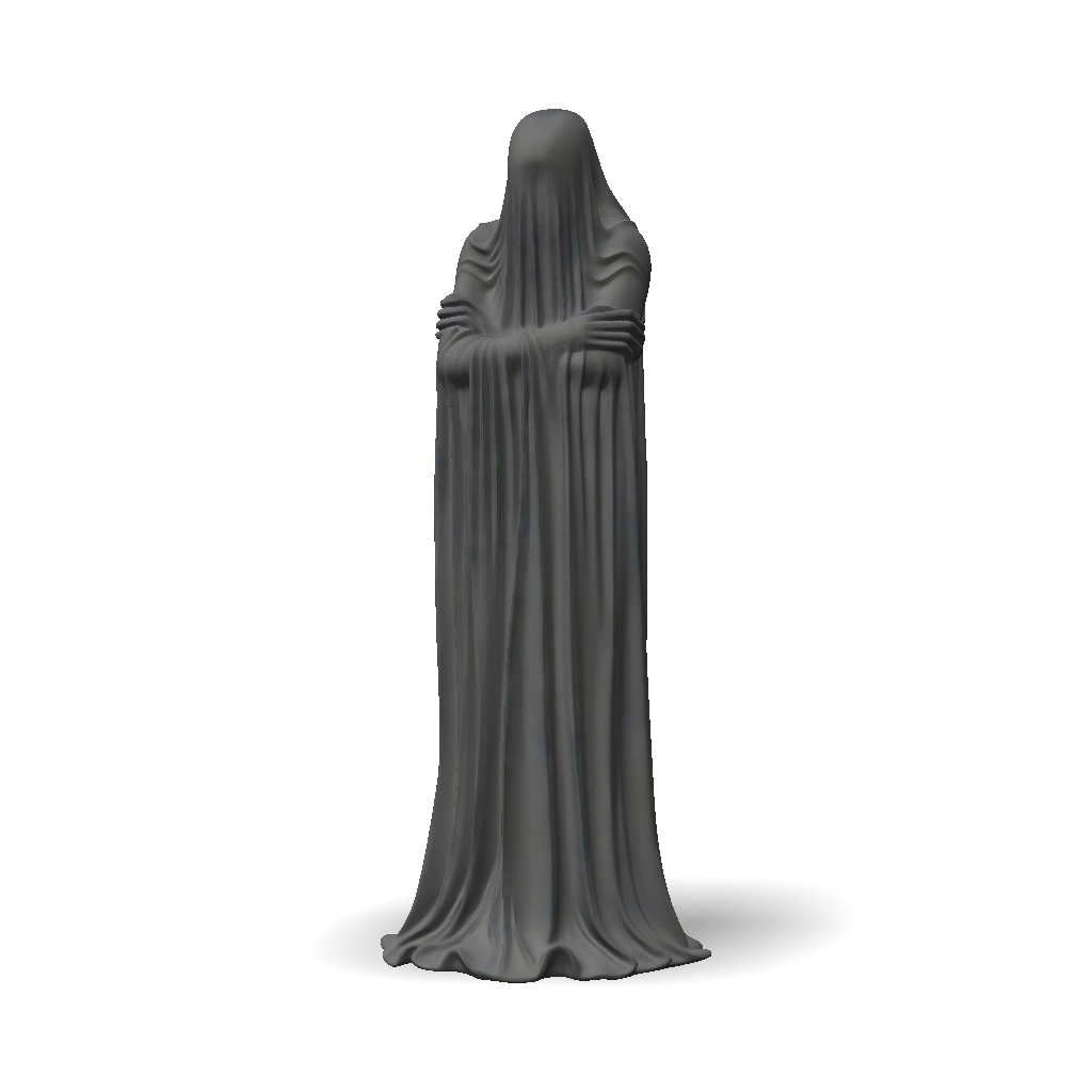 3D Model: draped metallic statue with flowing fabric in grayscale