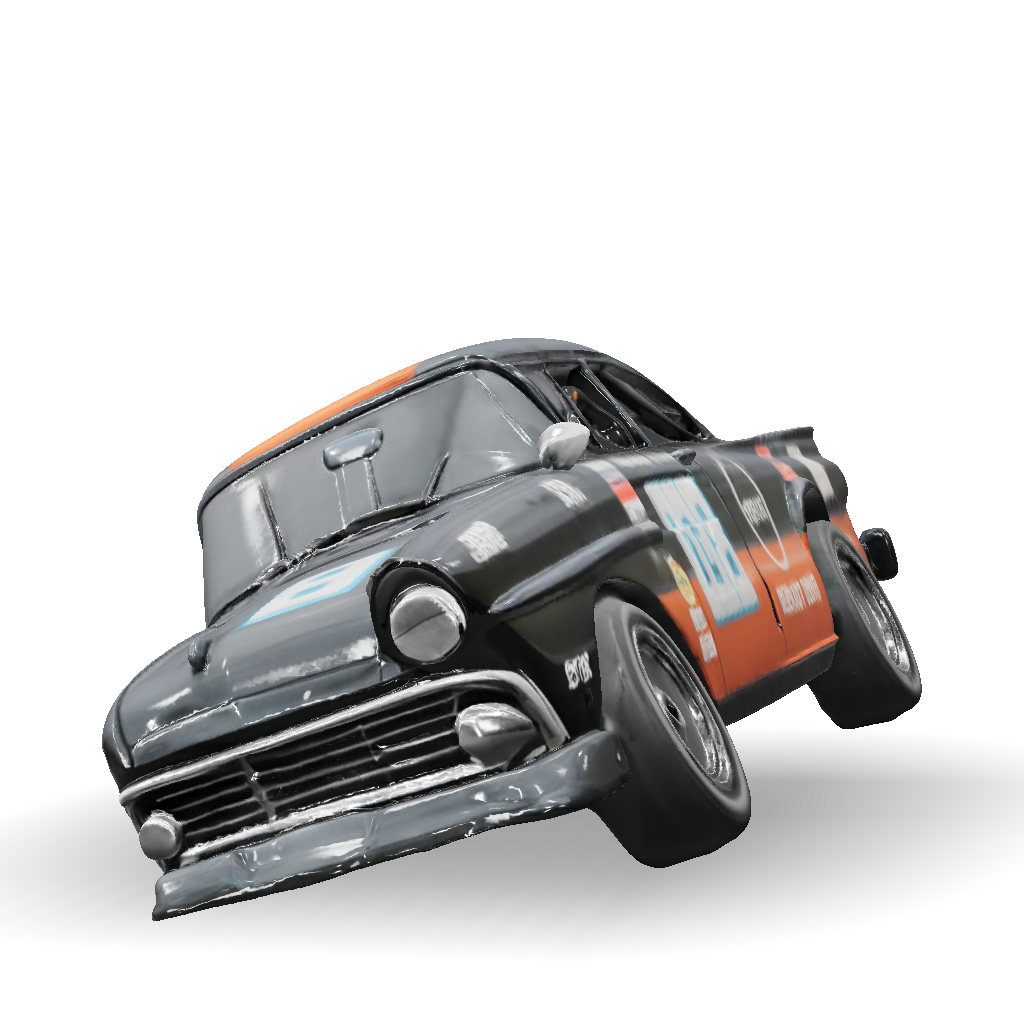 3D Model: black vintage race car with blue and orange decals on a racetrack