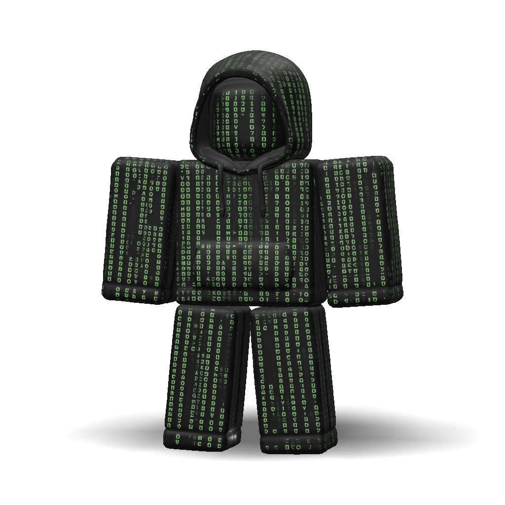 3D Model: Blocky Humanoid Figure With Hood Covered In Green Code ...