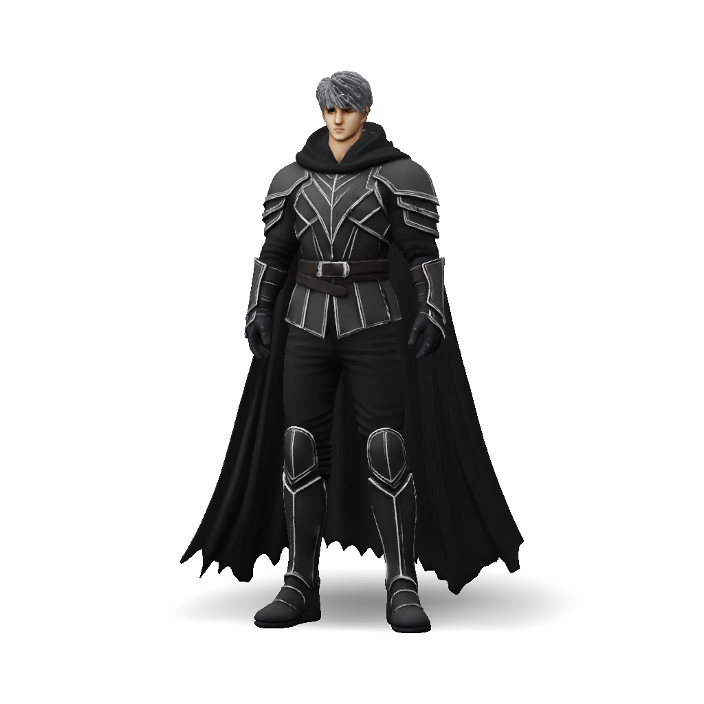 3D Model: Armored knight in black metallic plate armor with cape silver ...