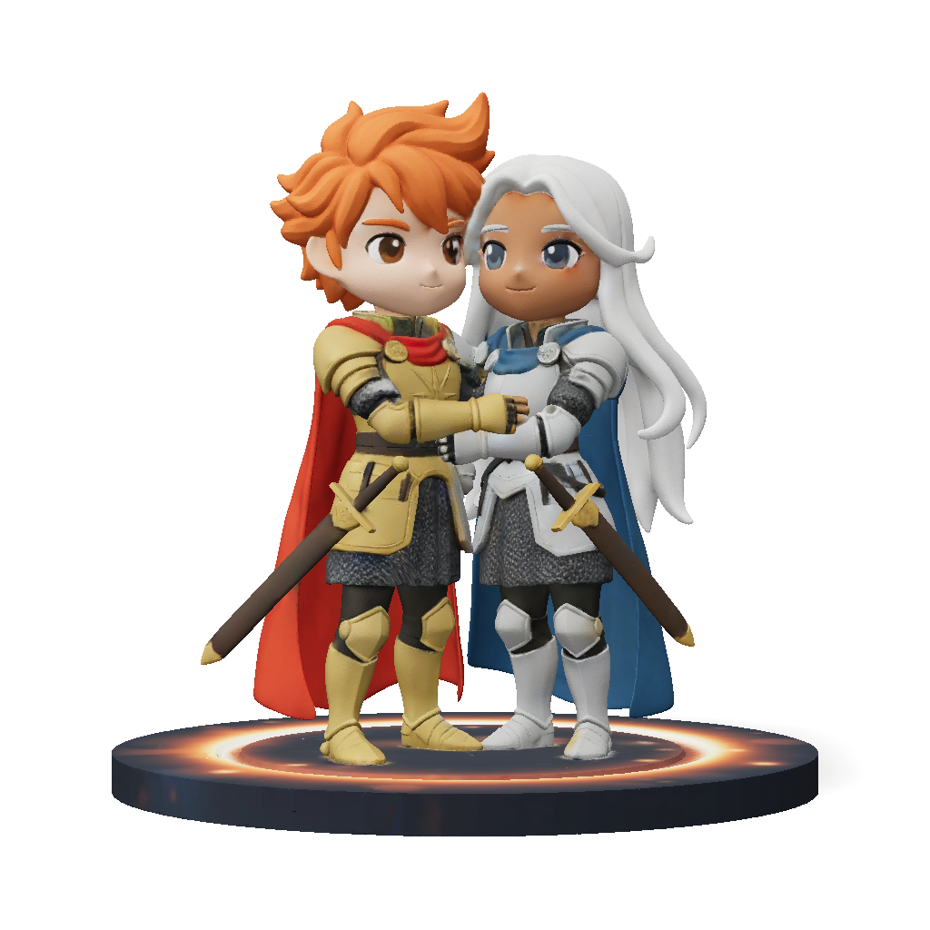 3D Model: orange armored knight and silver armored knight embrace on a ...