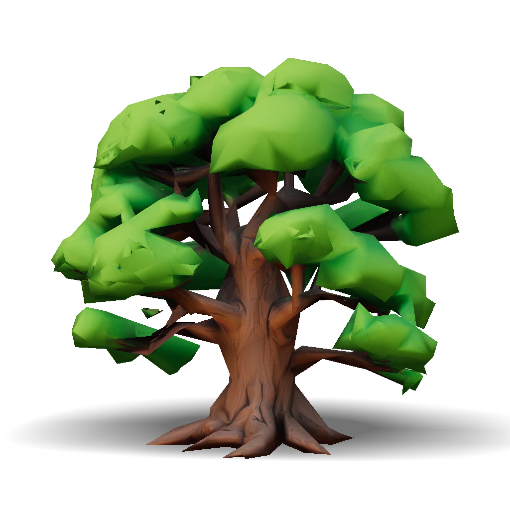 3D Model: stylized tree with dense green foliage and thick brown trunk ...