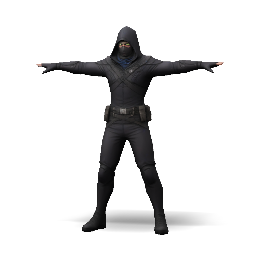Assassin Character Model 3D Model: hooded assassin character in black leather armor with hood