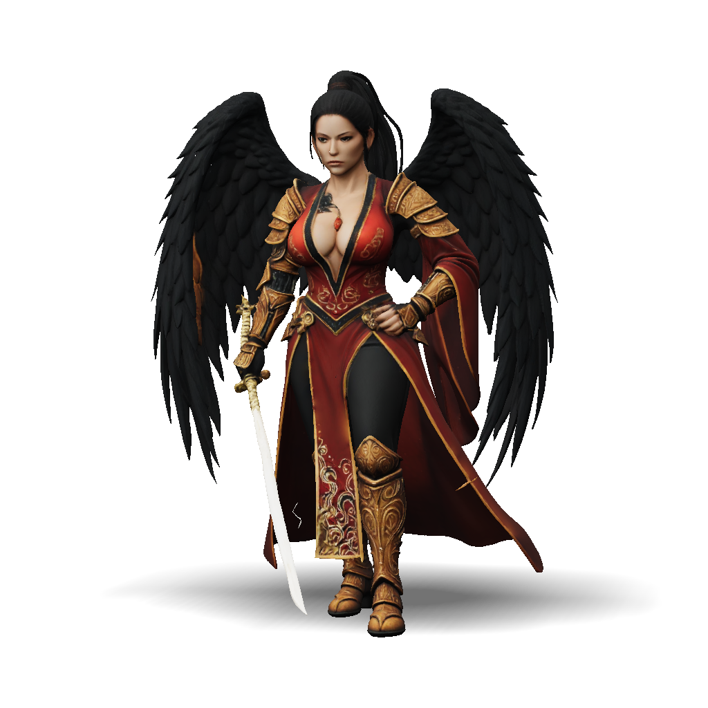 3D Model: winged armored female warrior with gold filigree red armor ...