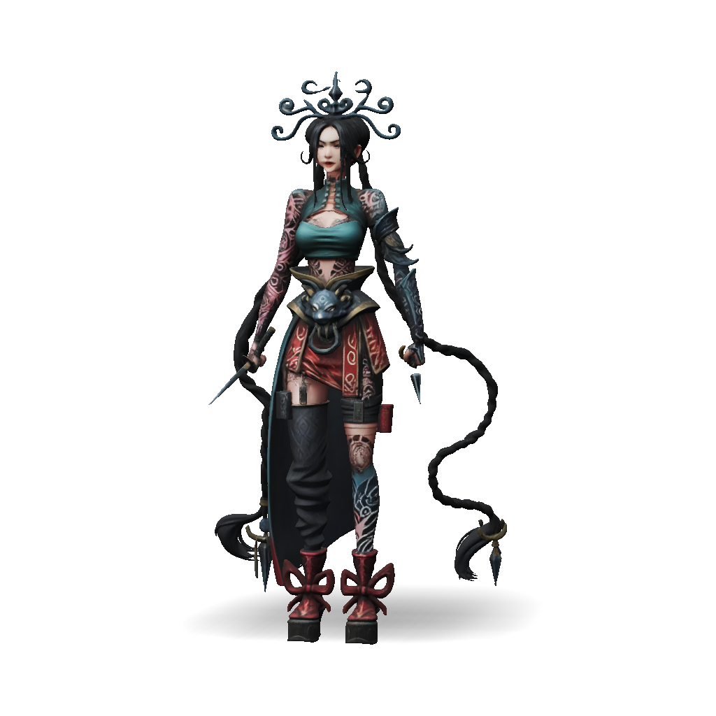 3D Model: Female fantasy warrior with ornate armor headdress and twin ...