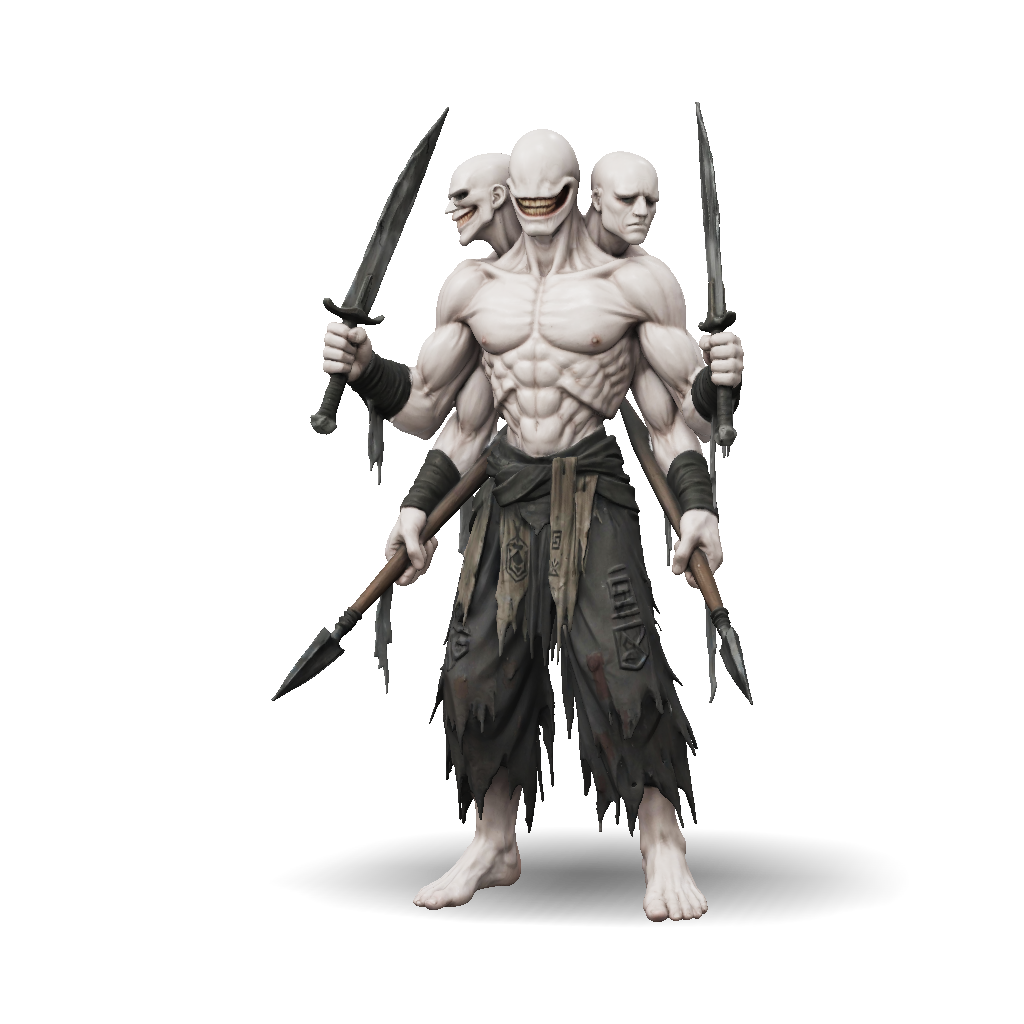 3D Model: four armed demon with pale musculature wielding two swords in ...