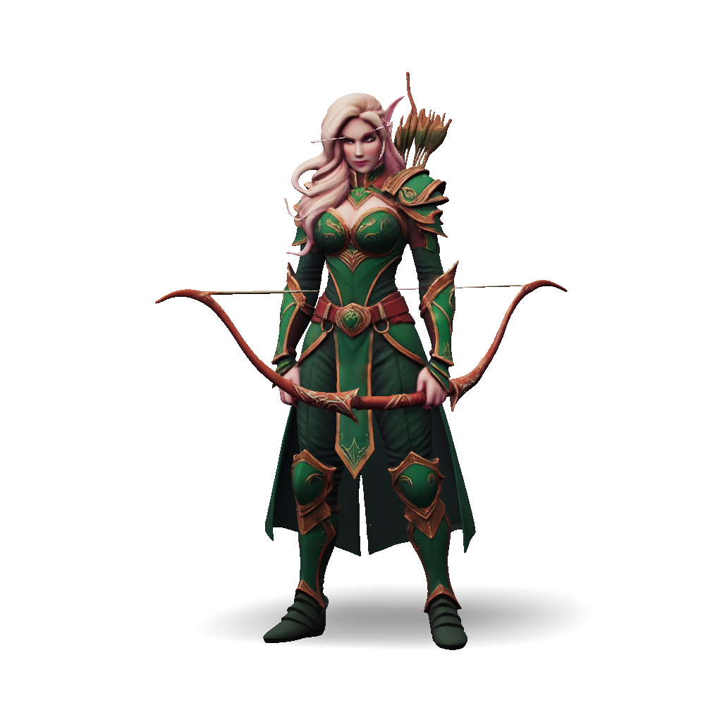 3D Model: elf archer in green and gold armor with bow and quiver blond ...