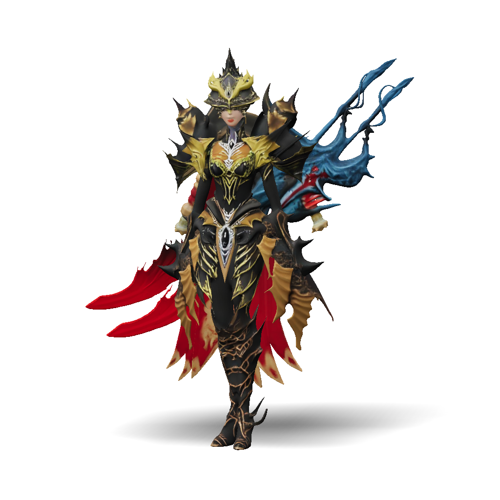 3D Model: armored female warrior with ornate gold armor crown and red ...