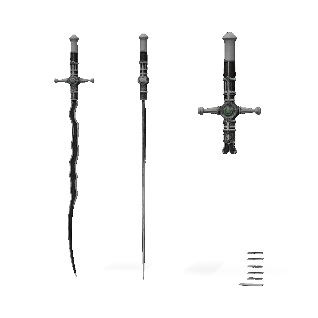 3D Model: wavy blade sword fantasy weapon with ornate hilt and green gems