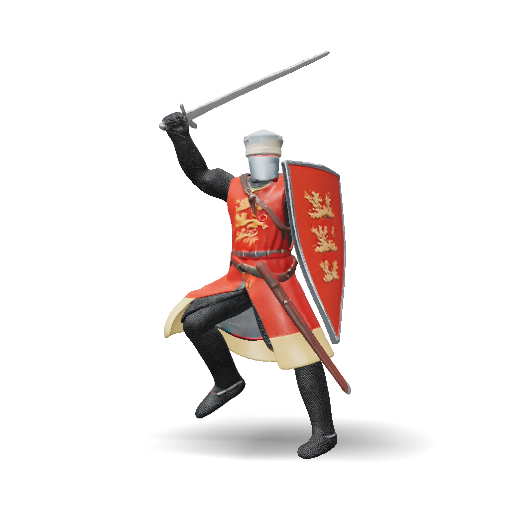 3D Model: knight in plate armor brandishing sword and shield red tunic ...