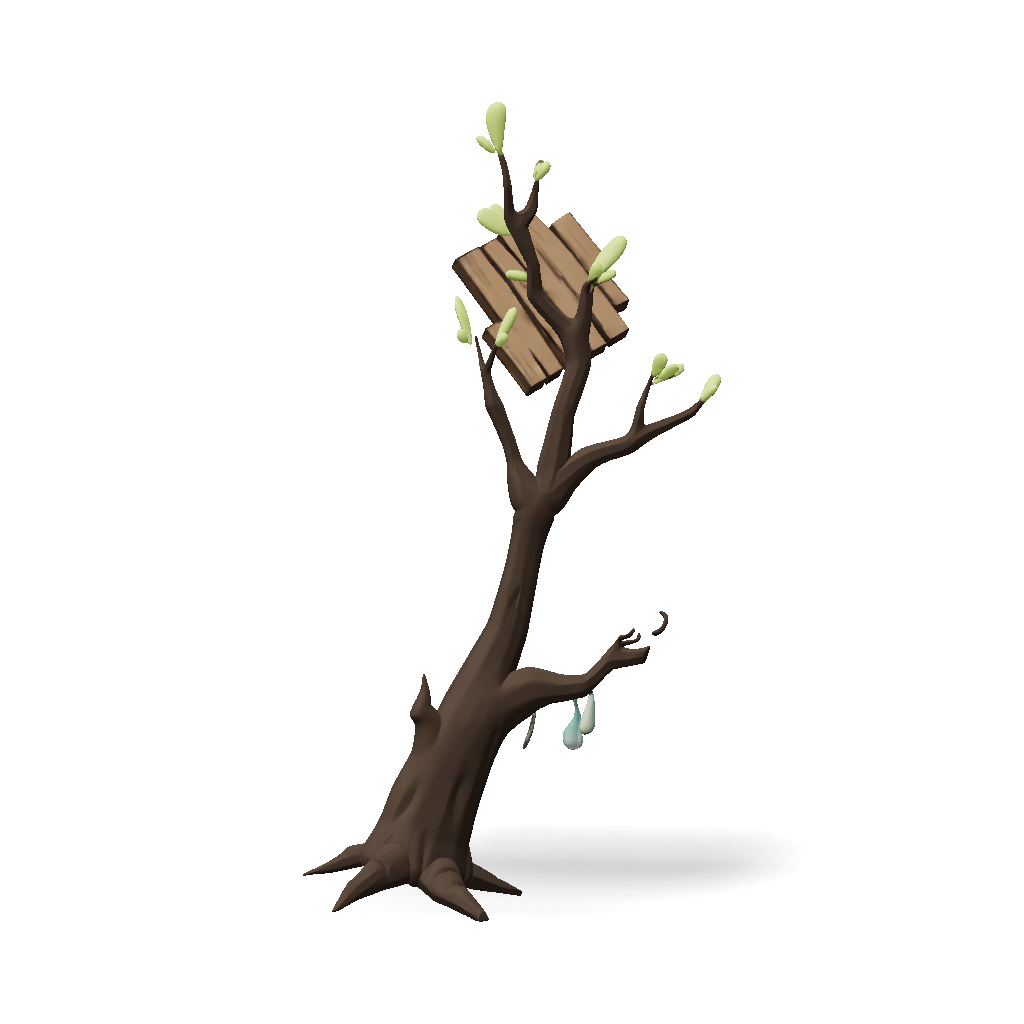 3D Model: tree with wooden bench in a valley landscape with rocks and hills