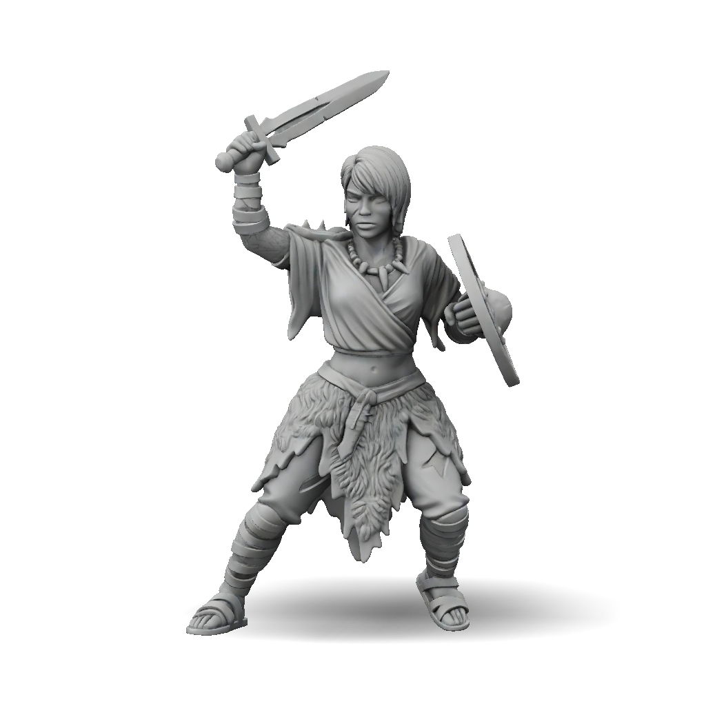 3D Model: female warrior figurine with sword and shield in dynamic pose ...