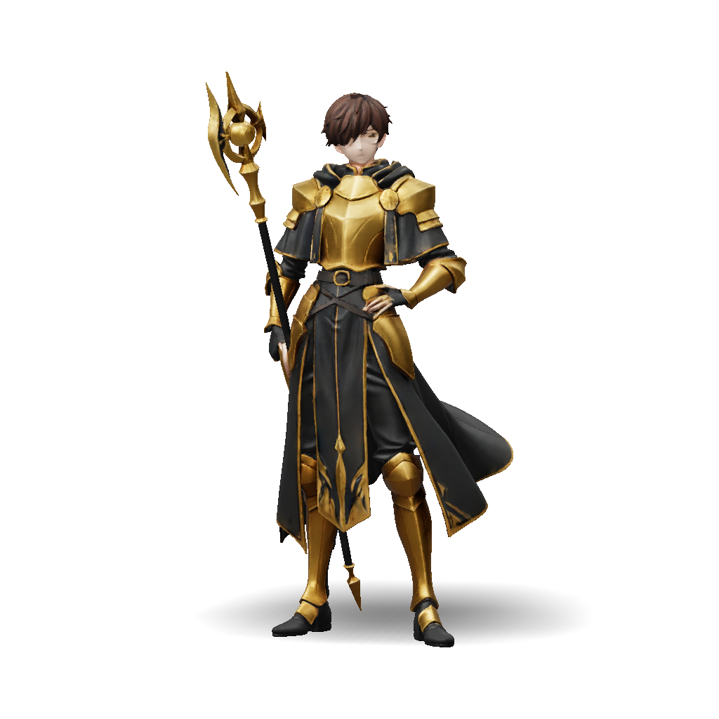3D Model: golden armored knight with ornate staff and black cape ...