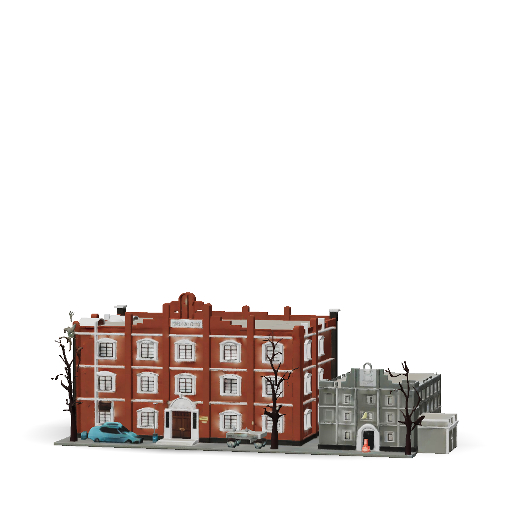 3D Model: red brick building with arched windows and front entrance