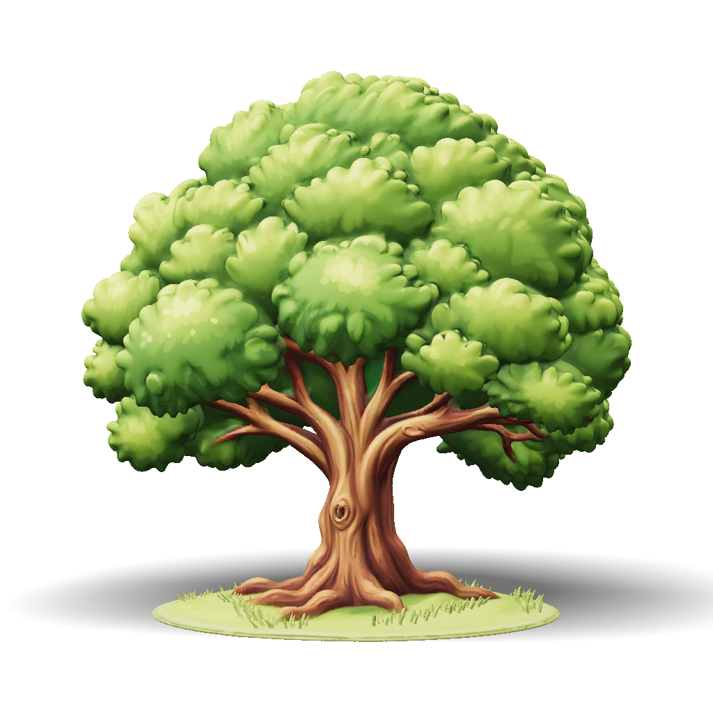 3D Model: lush green tree with thick brown trunk and dense foliage
