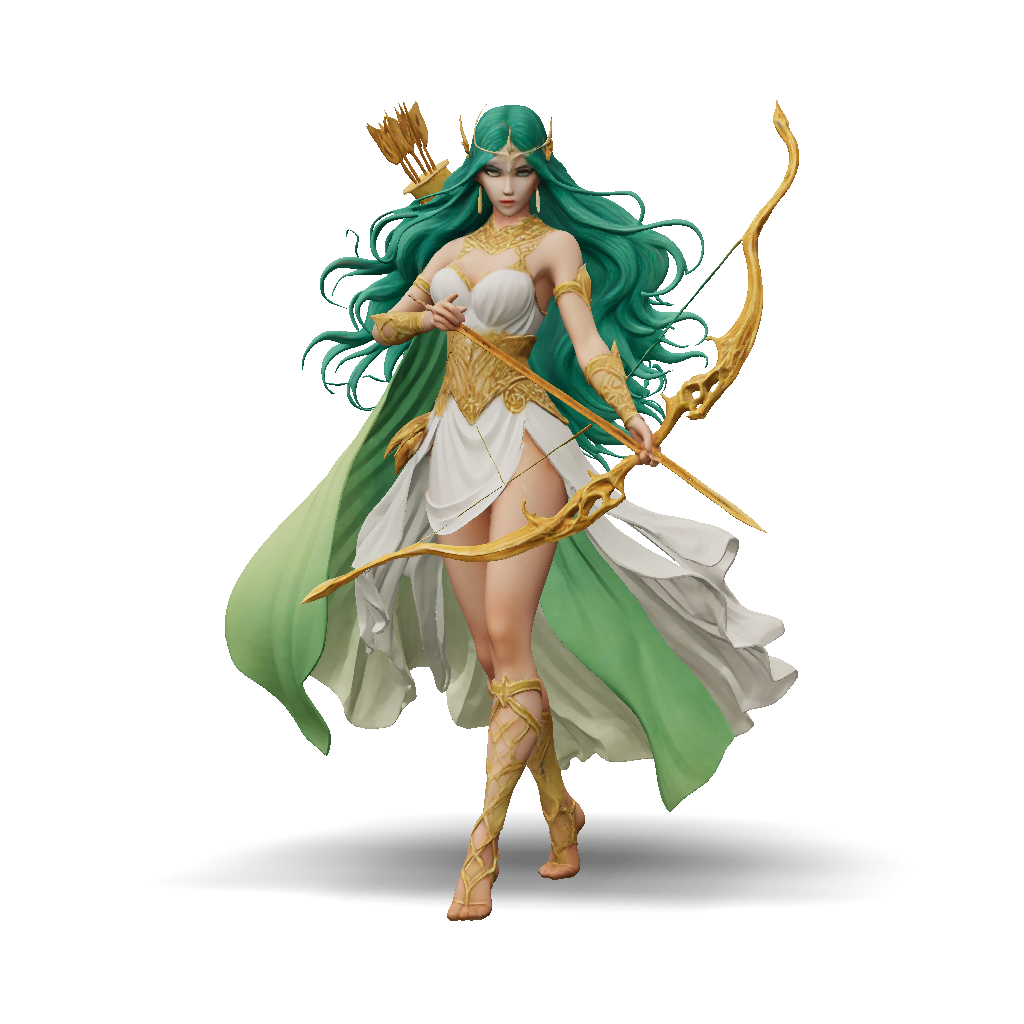 3D Model: elf archer with emerald hair gold armor and bow in a sunlit ...