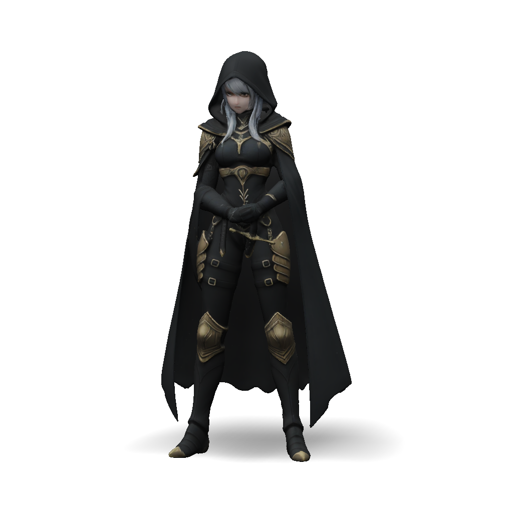 3D Model: armored female warrior in black and gold armor with hooded ...